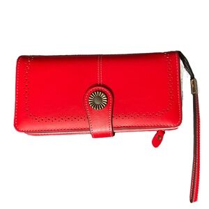 Red Leather RFID-Blocking Clutch Wallet with Detachable Wrist Strap